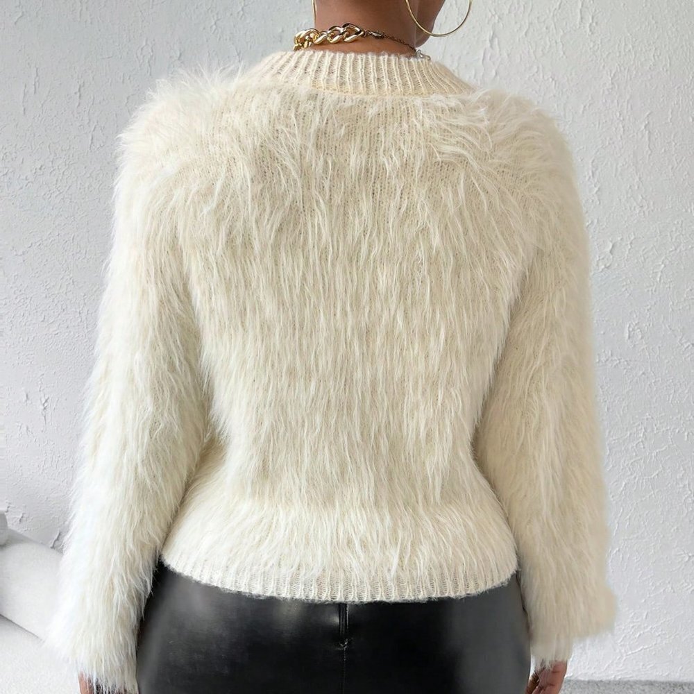 White Preppy womens Solid V Neck Fuzzy Knit Sweater - Picture 2 of 6